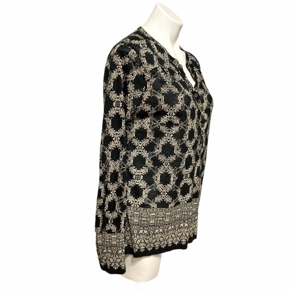 Lucky Brand Small Split Neck Long Sleeve Black and Beige Patterned Shirt - Picture 3 of 6